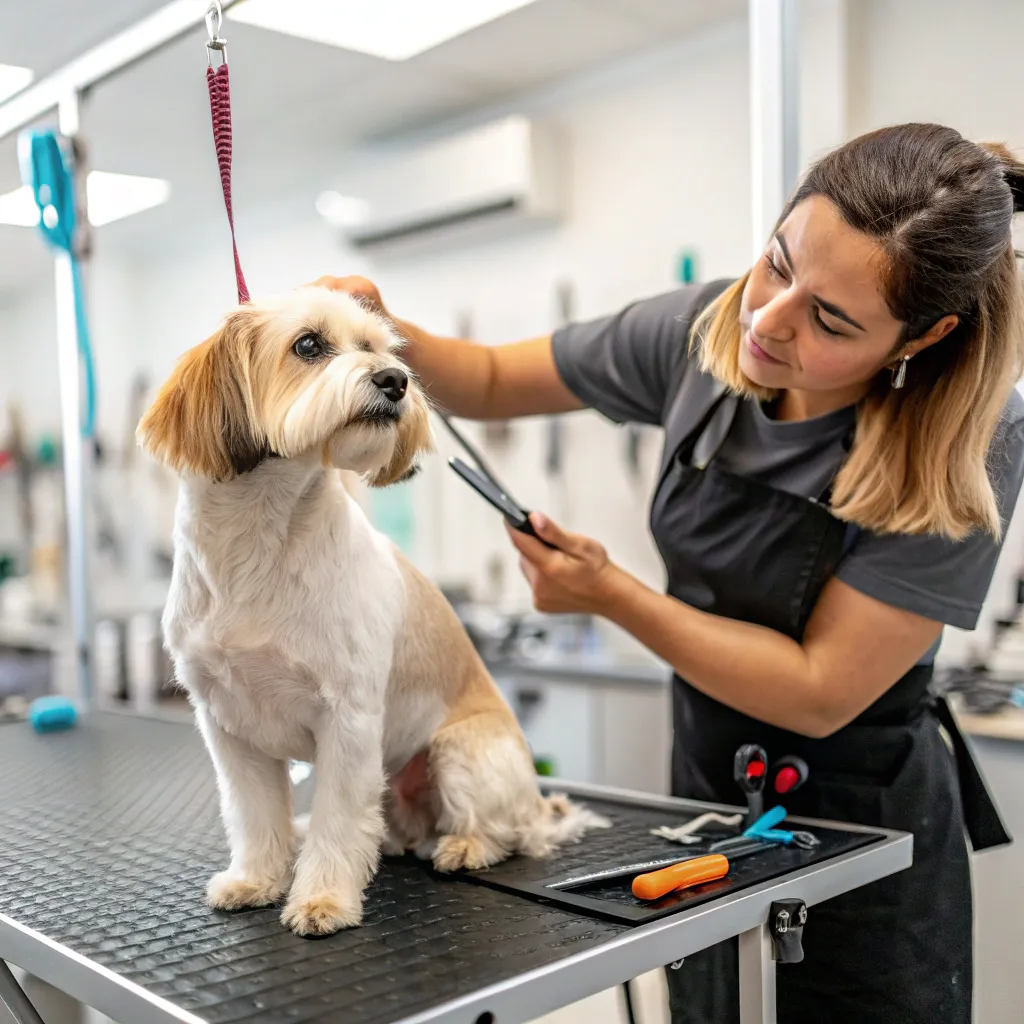 A professional grooming session for a dog